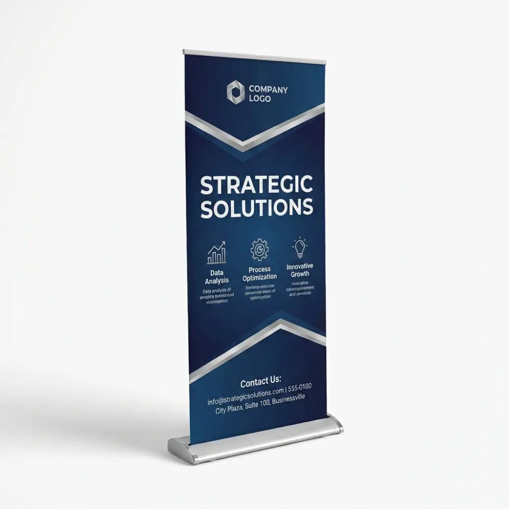 Retractable banner with 'Strategic Solutions' text and company logo on a white background
