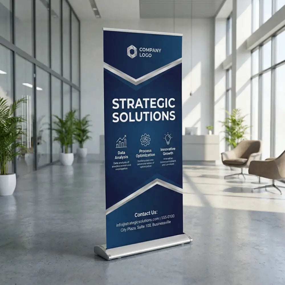 Roll-up banner with 'Strategic Solutions' in a modern office setting