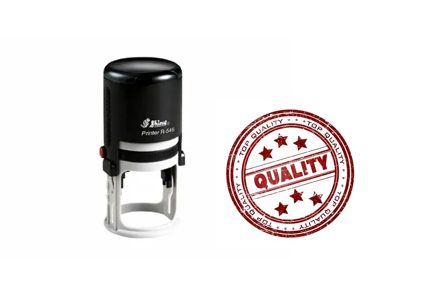 Round self-inking rubber stamp with a clear base and black top.