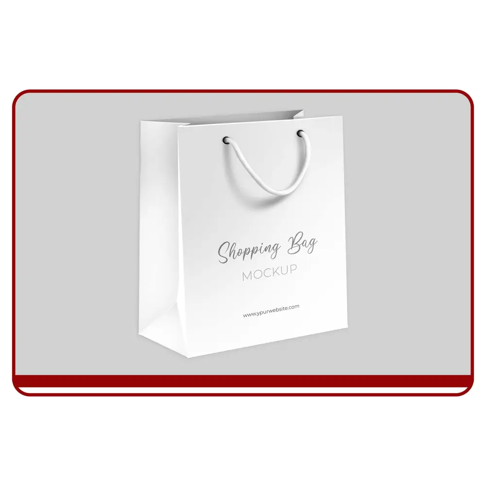 White shopping bag mockup with 'Shopping Bag Mockup' text on a gray background