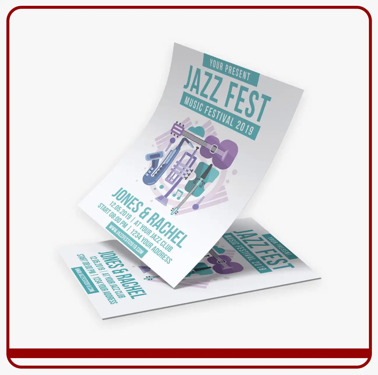 A sleek, modern promotional flyer for the ’your present jazz fest music festival 2019,’ featuring stylized illustrations of jazz instruments in teal and purple on a clean white background.