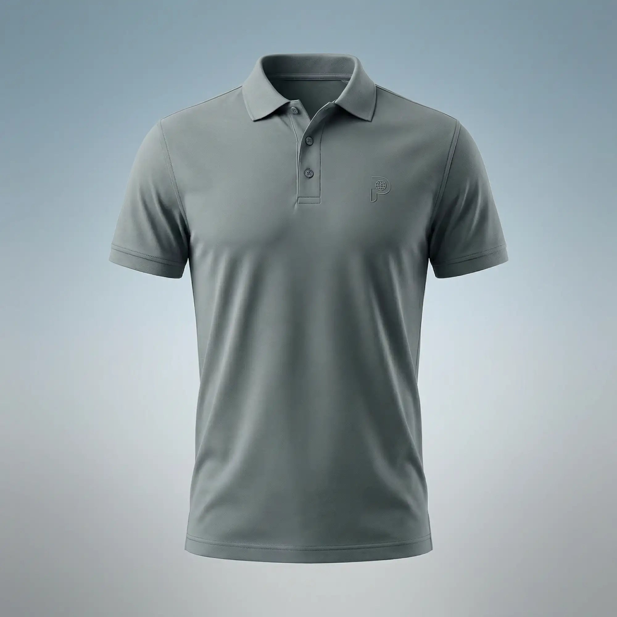 A sleek, slate-gray polo shirt with a subtle embroidered logo on the chest.