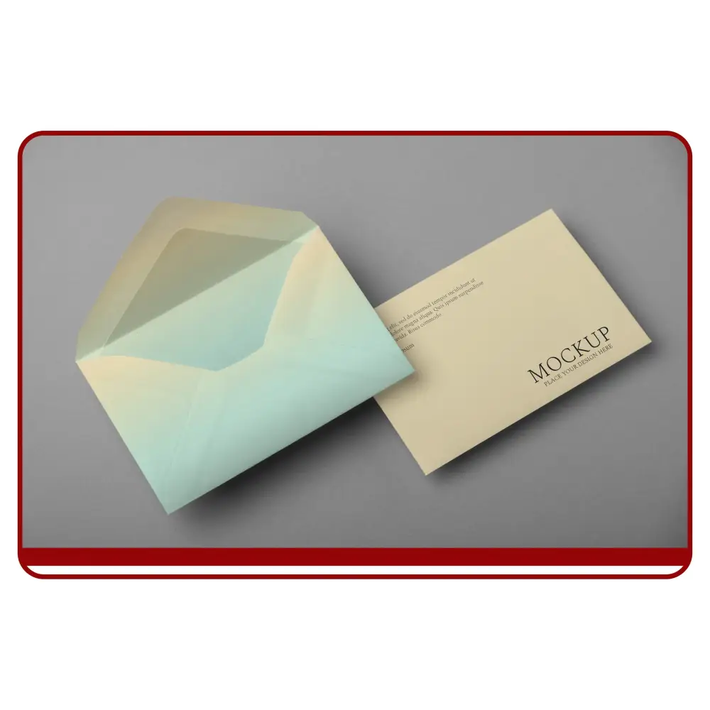 Mint green envelope and beige card with 'Mockup' text on a gray background