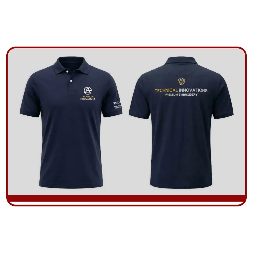Navy blue polo shirt with 'Technical Innovations' branding on a light gray background