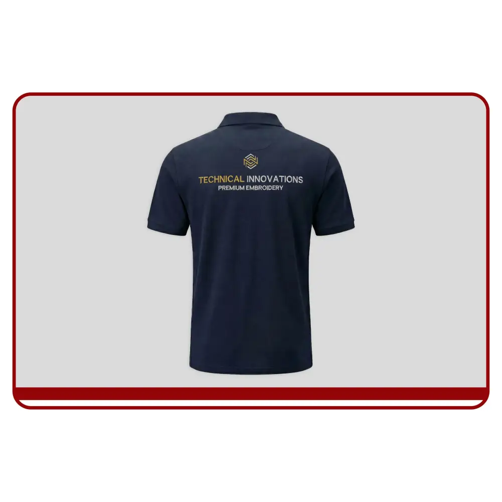 Navy blue polo shirt with 'Technical Innovations' logo on a light gray background