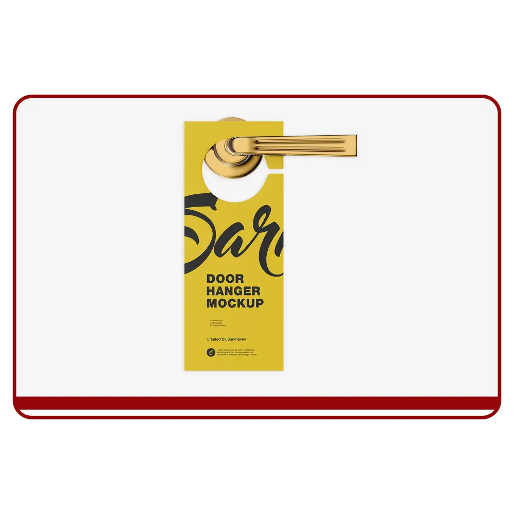Door hanger mockup with gold handle on a white background
