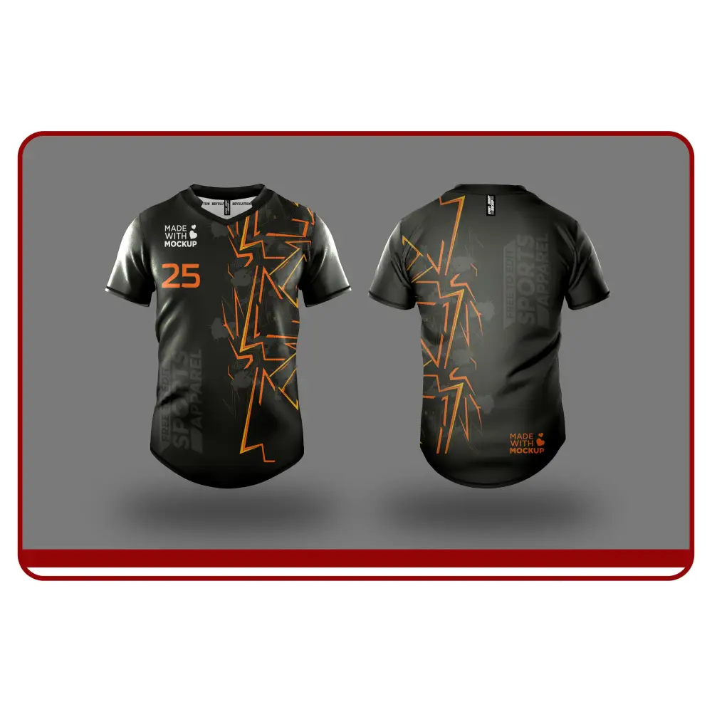 Black sports jersey with orange designs on a gray background
