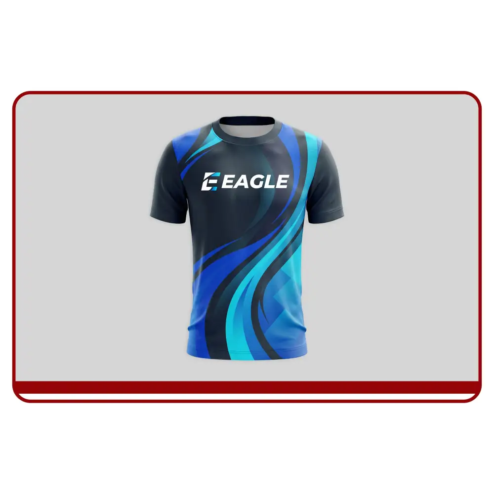 Black and blue sports jersey with 'Eagle' branding on a gray background