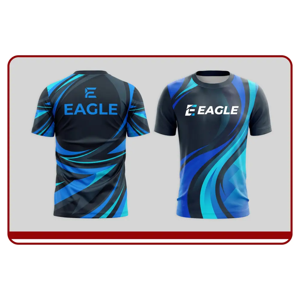Black and blue sports jersey with 'Eagle' branding on a light gray background