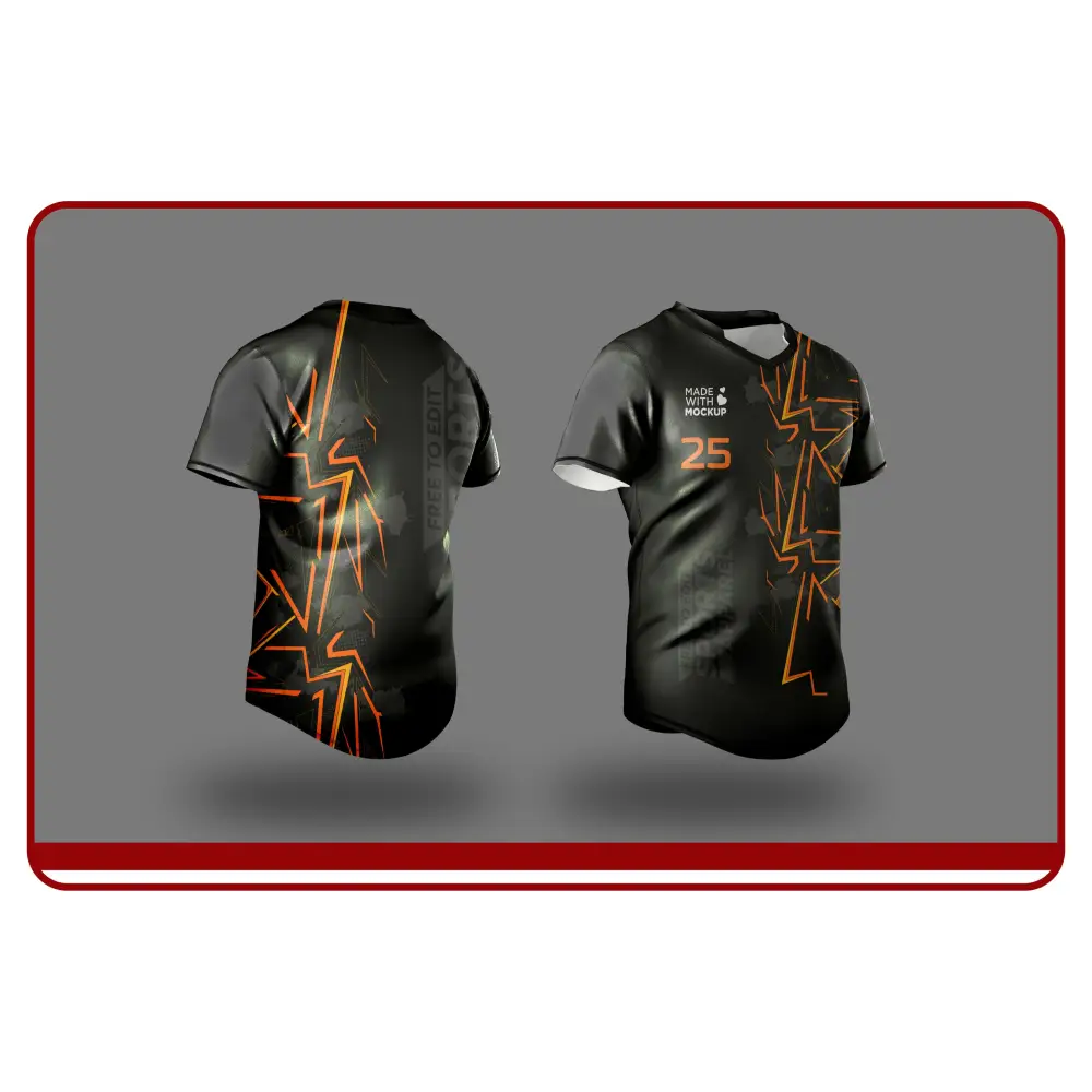 Black sports jersey with orange designs on a gray background