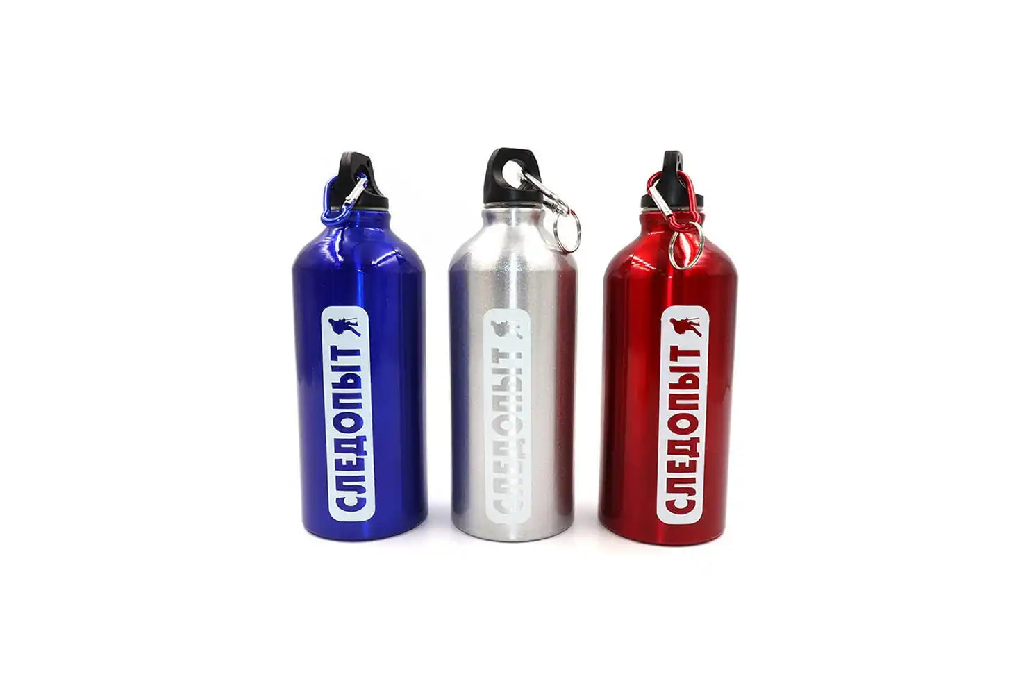 Three aluminum water bottles in blue, silver, and red colors with carabiners attached.