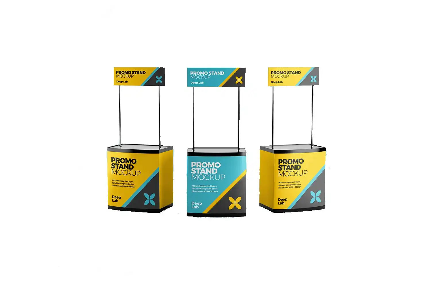 Three promotional display stands or kiosks with branded headers and yellow/turquoise color schemes.