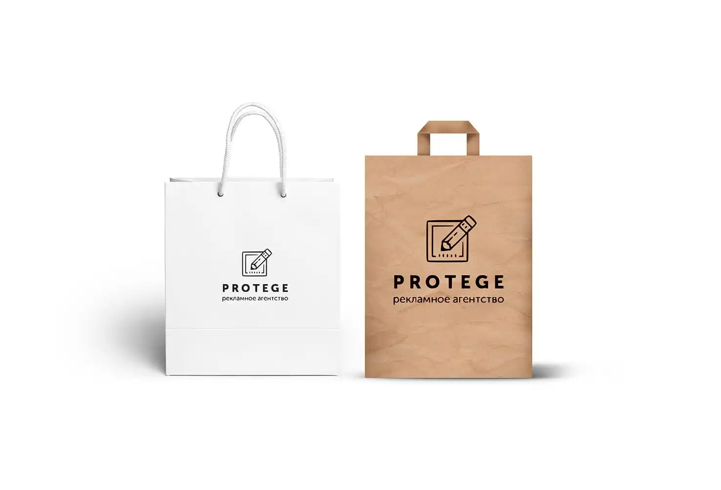 Two shopping bags with ’Protege’ branding in white and brown colors.