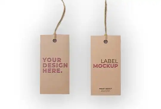 Two beige paper hang tags with placeholder text for mockup designs.