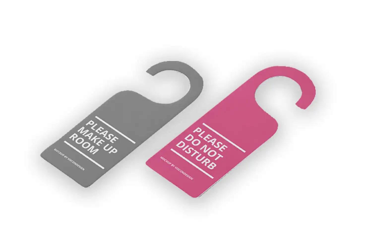 Two door hangers in gray and pink colors.