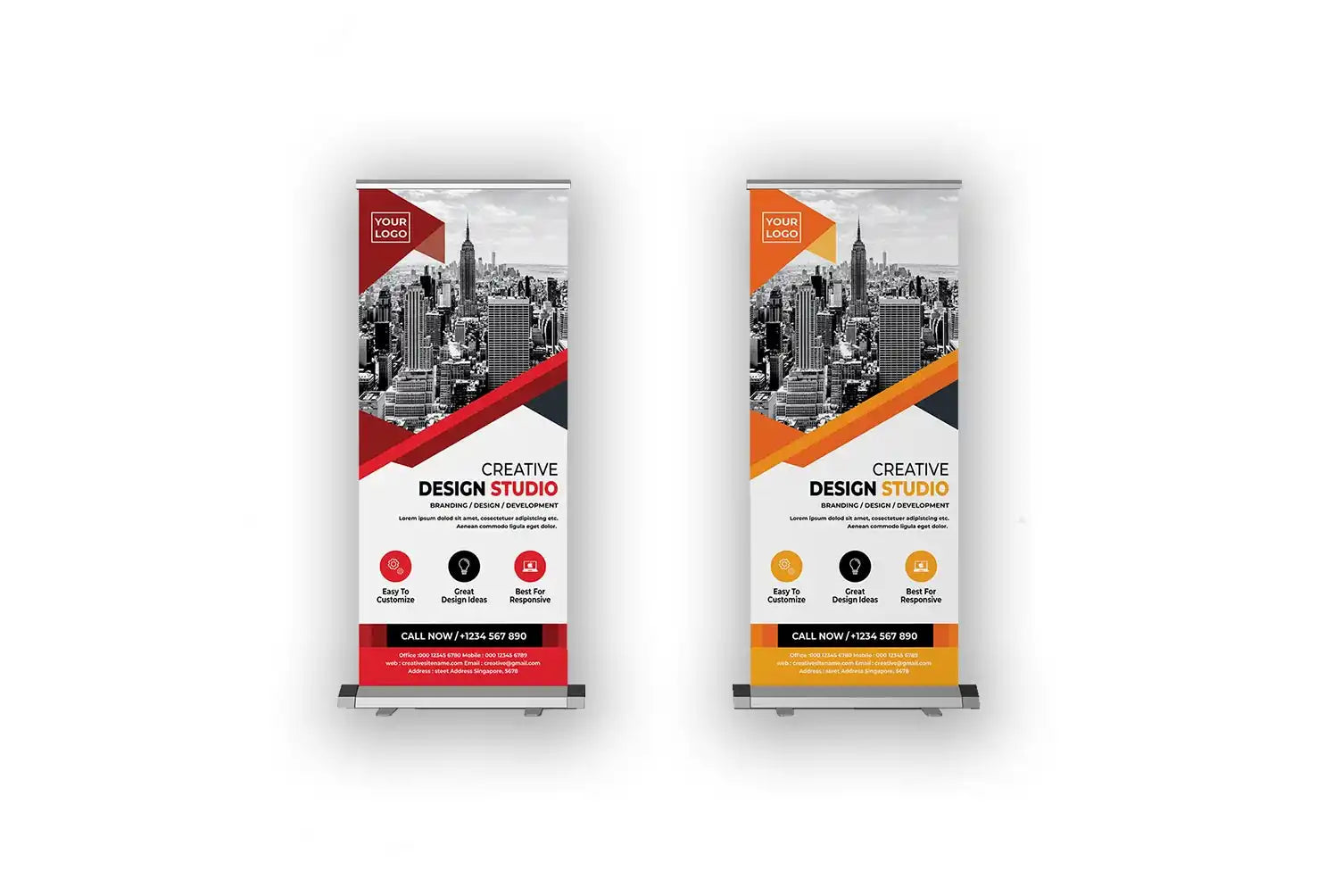 Two roll-up banner stands featuring cityscape designs in red and orange color schemes.