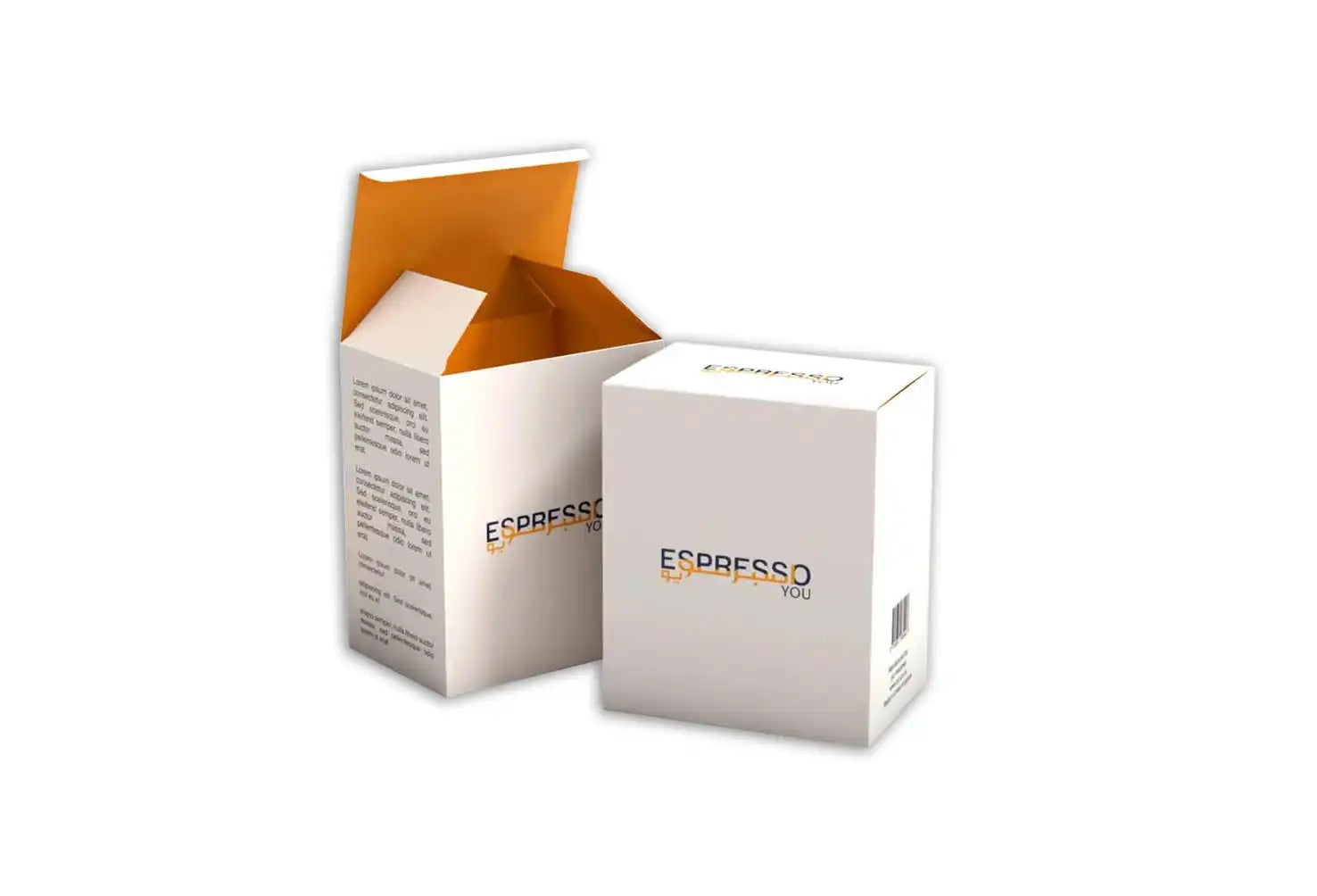 Two white cardboard boxes with ’Espresso’ text printed on them.