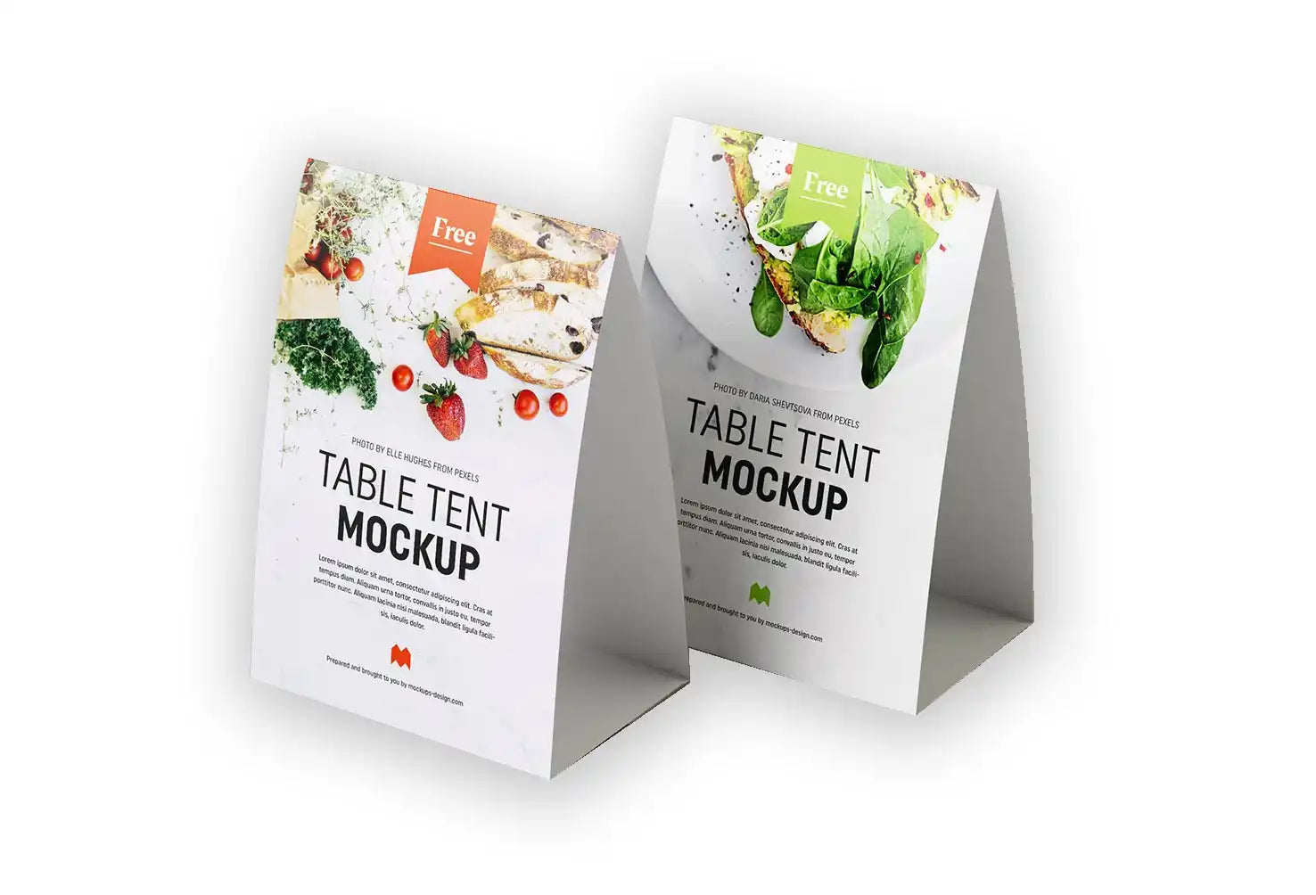 Two white table tent mockups displaying menu or promotional designs.