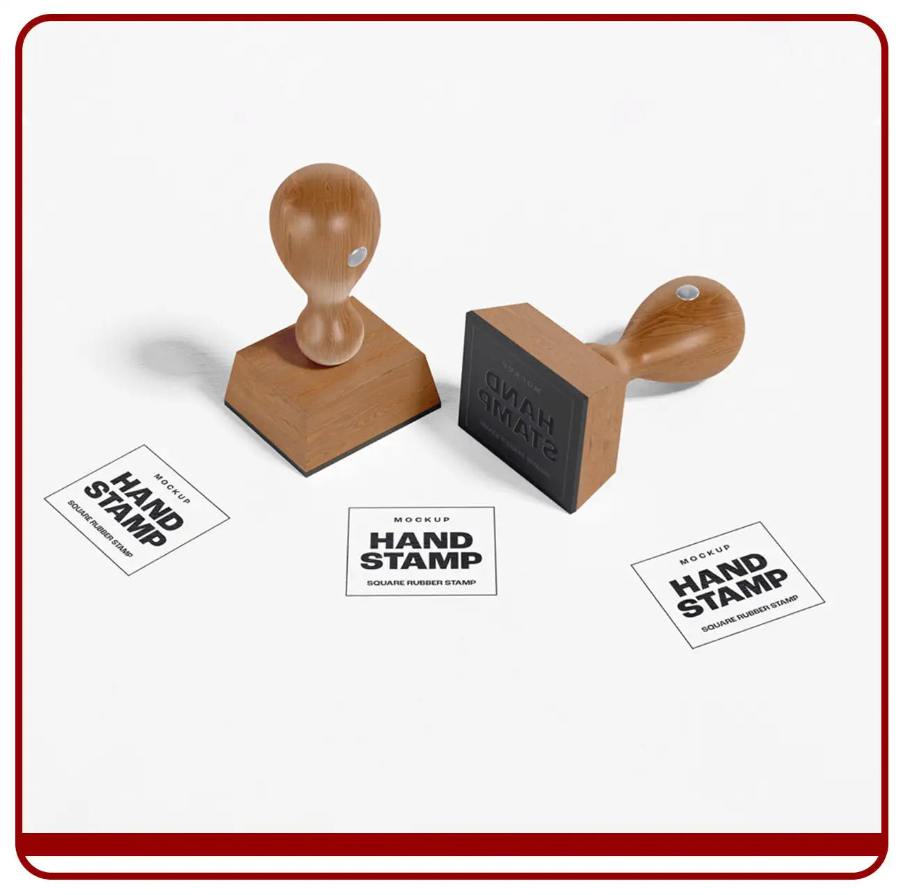 Two wooden-handled hand stamps with square rubber stamp faces, one featuring a black ink impression and the other showing ’hand stamp’ text.