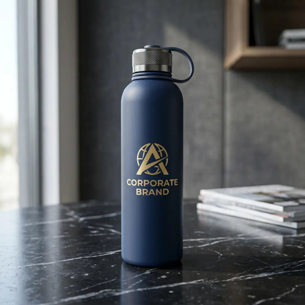Blue water bottle with a corporate brand logo on a marble surface