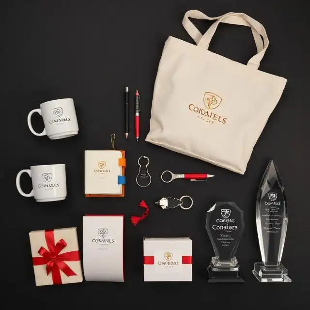 White tote bag with gold logo and handles, durable canvas material.