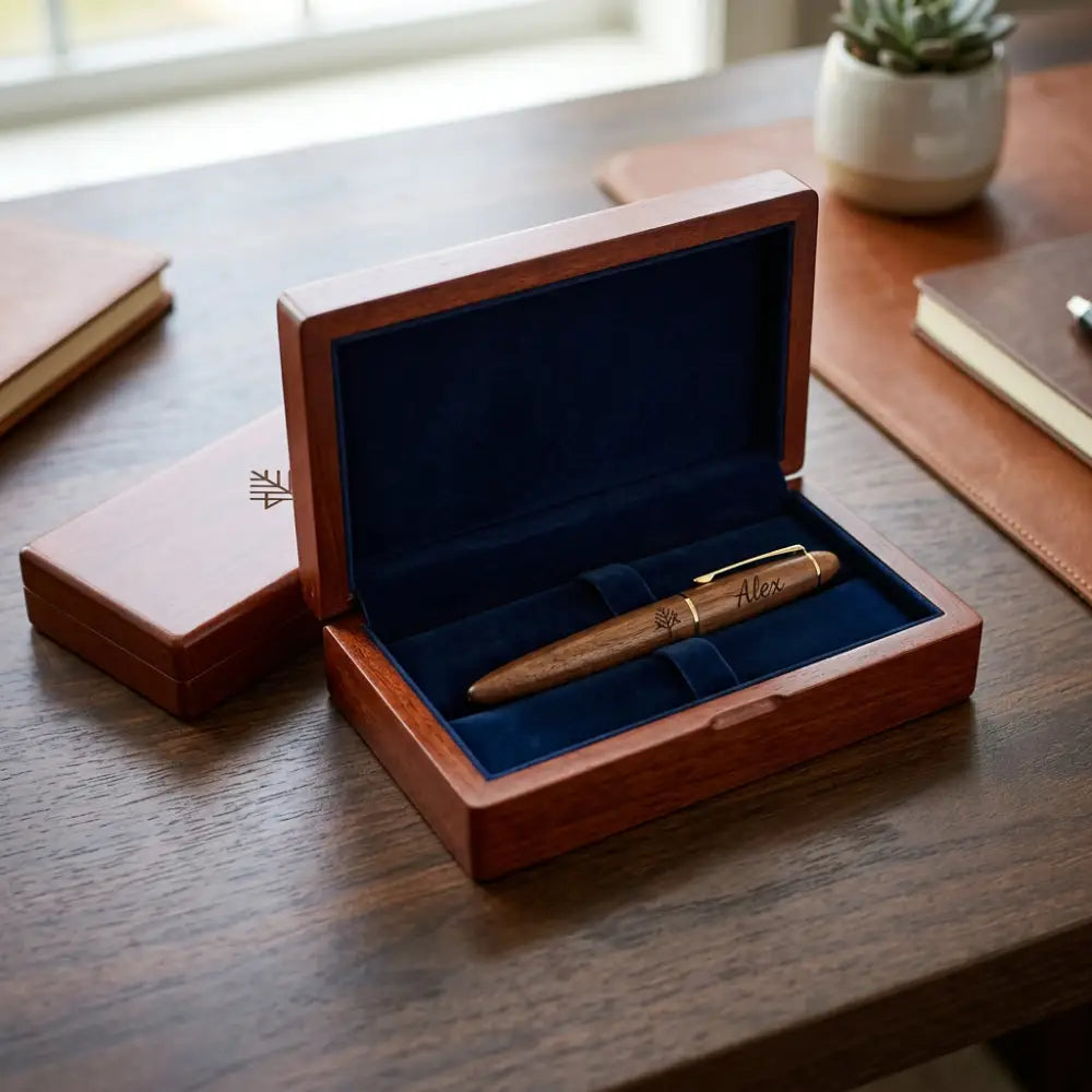 Wooden pen in a wooden box on a wooden surface with a blurred background