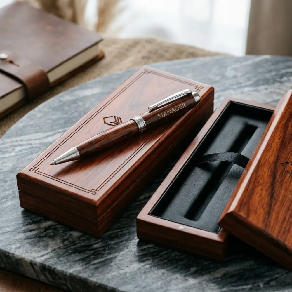 Wooden pen with silver clip on a wooden box on a marble surface