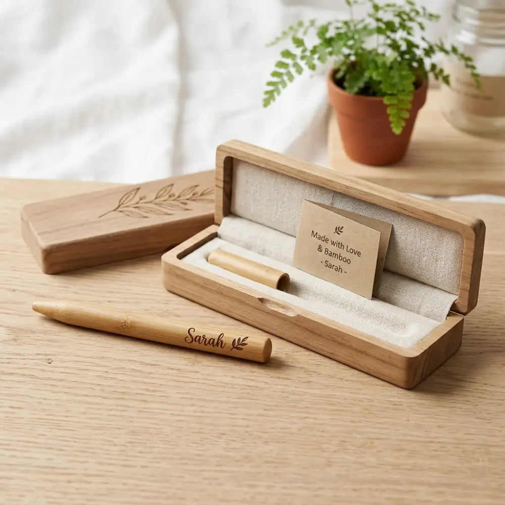 Wooden pen set with engraved name 'Sarah' on a wooden surface with a plant in the background.