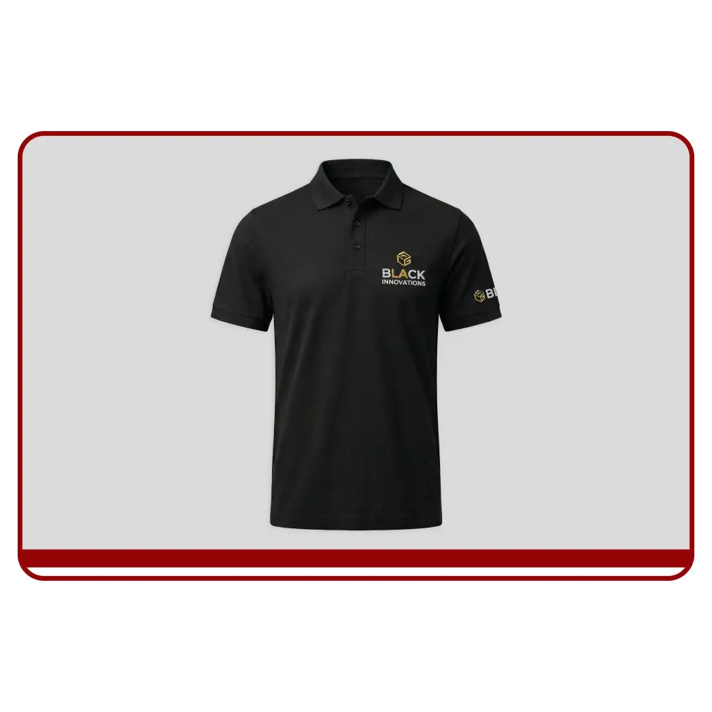 Black polo shirt with a logo on a light gray background