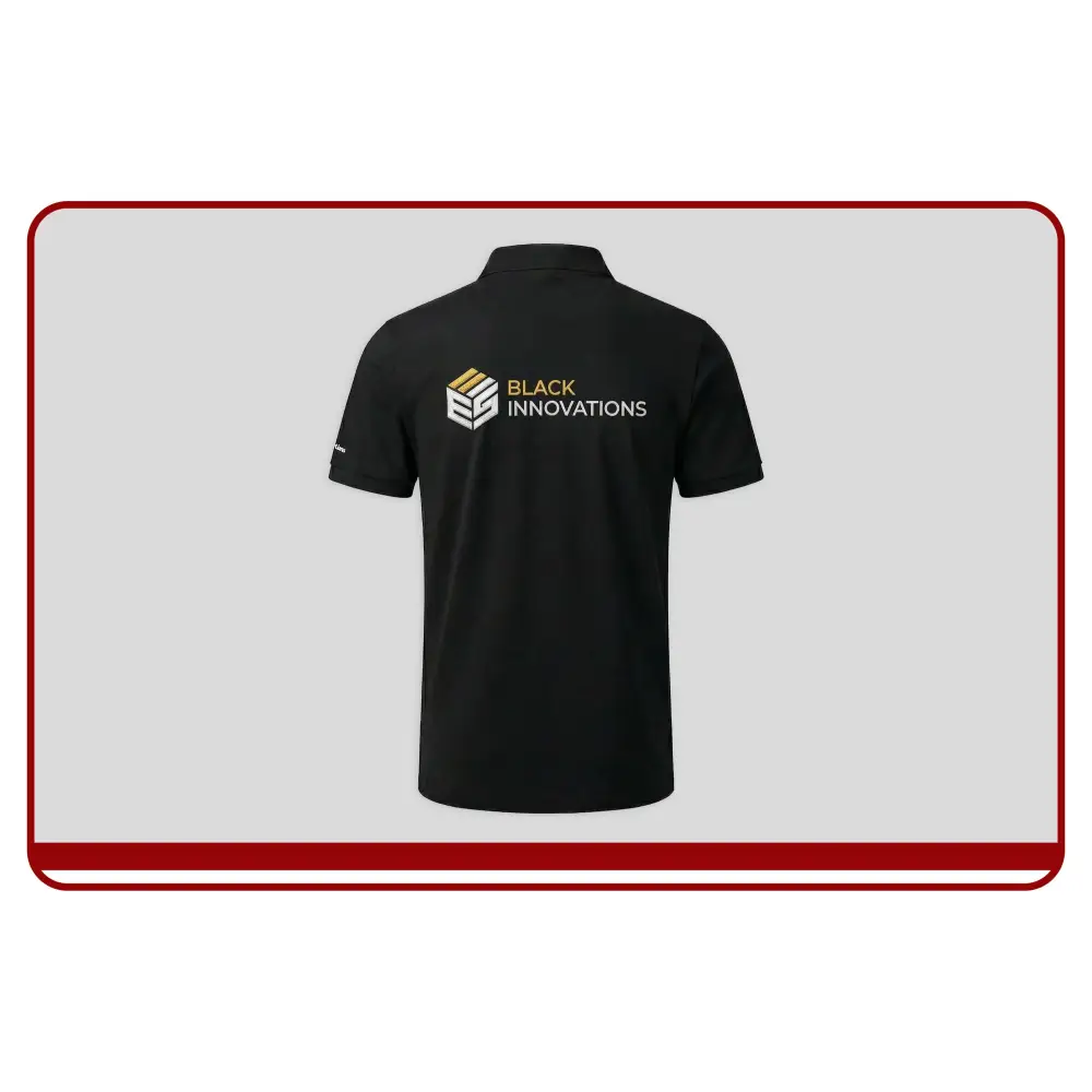 Black polo shirt with 'Black Innovations' logo on a light gray background