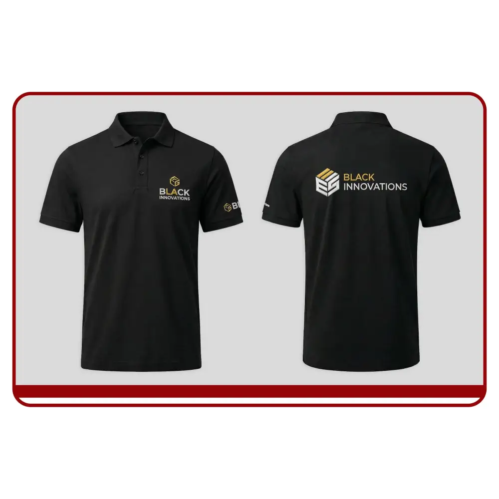 Two black polo shirts with 'Black Innovations' logo on a light gray background